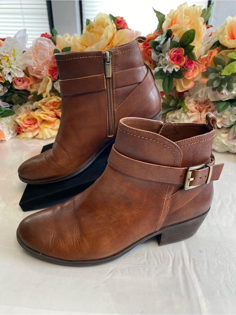 Vince Camuto Peamer Leather Harness Ankle Boots Brown Women’s 7.5M Zip Buckle